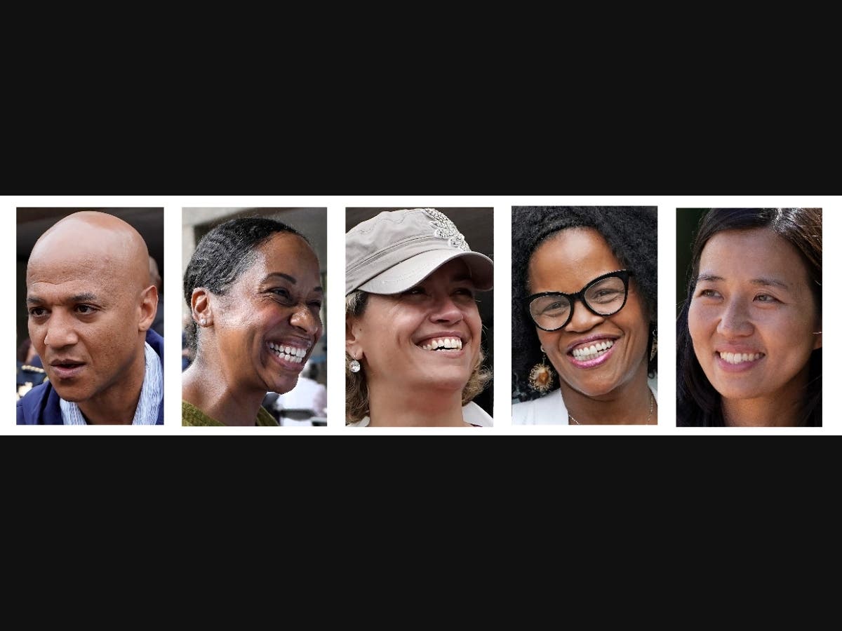 This five-picture photo combination shows candidates running for Boston mayor. From left are John Barros, Andrea Campbell, Annissa Essaibi George, Kim Janey and Michelle Wu.