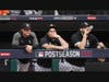 Chicago White Sox pitcher Carlos Rodon (center) watches from the dugout with Andrew Vaughn left) and Lucas Giolito against the Houston Astros in the third inning during Game 4 of the American League Division Series on Tuesday in Chicago.