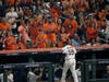Fans react after Houston Astros starting pitcher Framber Valdez is taken out of the game against the Boston Red Sox during the third inning in Game 1 of baseball's American League Championship Series Friday in Houston.