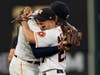 Houston Astros shortstop Carlos Correa celebrates their win with Jose Altuve against the Boston Red Sox in Game 1 of baseball's American League Championship Series Friday in Houston.