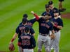 The Boston Red Sox celebrate after their win against the Houston Astros in Game 2 of baseball's American League Championship Series Saturday in Houston.