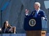 Vice President Kamala Harris applauds as President Joe Biden speaks during an event marking the 10th anniversary of the dedication of the Martin Luther King Jr. memorial Thursday.