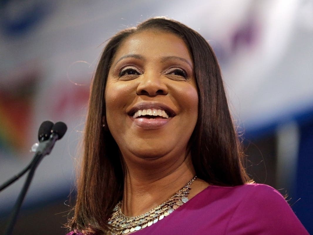 Letitia James, smiles during an inauguration ceremony in New York.