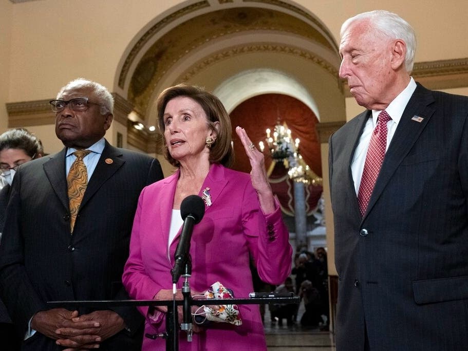 Speaker of the House Nancy Pelosi speaks to reporters at the Capitol in Washington as the House is considering President Joe Biden's $1.85 trillion-and-growing domestic policy package.