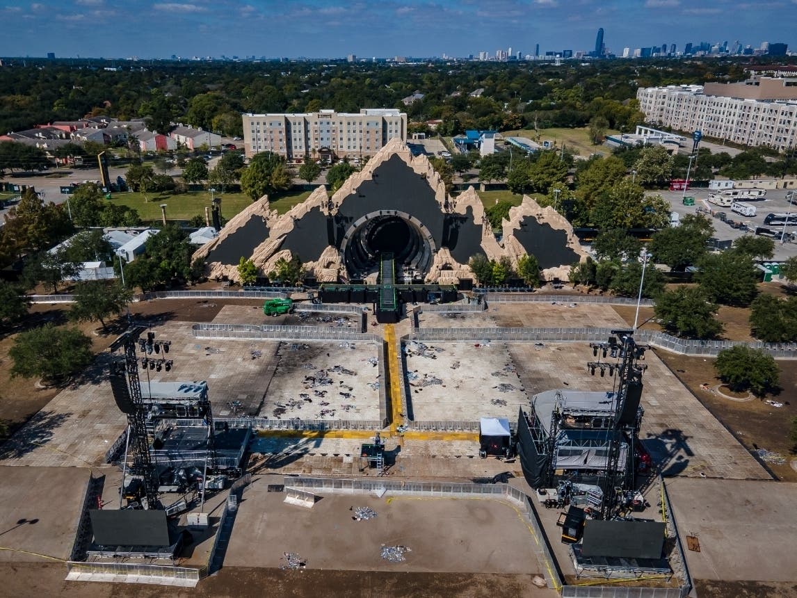 The Astroworld main stage where Travis Scott was performing Friday evening where a surging crowd killed eight people, sits full of debris from the concert, in a parking lot at NRG Center on Monday, Nov. 8, 2021, in Houston.