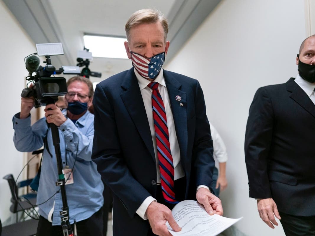 Republican Rep. Paul Gosar of Arizona, leaves his office as the House of Representatives prepares to vote on a resolution to formally rebuke him for tweeting an animated video that depicted him striking Rep. Alexandria Ocasio-Cortez, D-N.Y., with a sword.