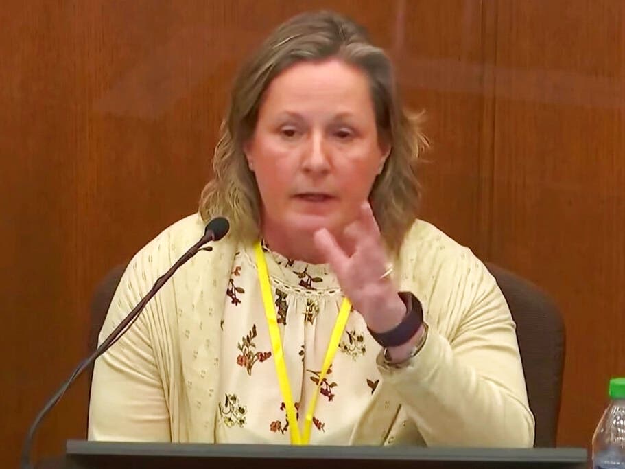 In this image taken from video, former Brooklyn Center Police Officer Kim Potter testifies during her trial. Potter is charged with first- and second-degree manslaughter in the shooting of Daunte Wright.