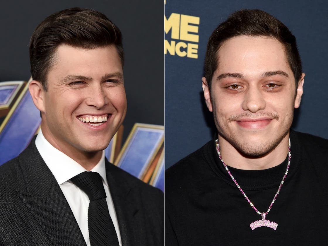 This combination of photos shows "Saturday Night Live" cast members Colin Jost at the premiere of "Avengers: Endgame" in Los Angeles on April 22, 2019, left, and Pete Davidson at the premiere of "Big Time Adolescence" in New York on March 5, 2020. 