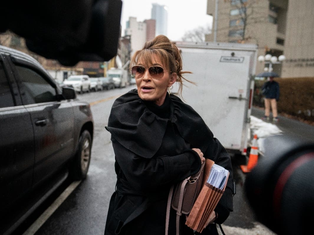 Former Alaska Gov. Sarah Palin arrives to Federal court, Thursday, Feb. 3, 2022, in New York. Palin is due back in the New York City courtroom more than a week after her libel trial against The New York Times was postponed.