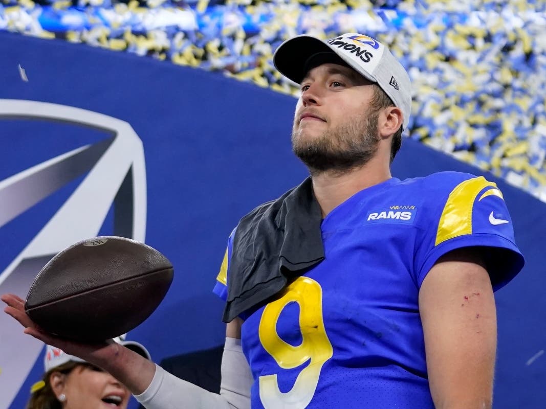 Los Angeles Rams' Matthew Stafford celebrates after the NFC Championship NFL football game against the San Francisco 49ers Sunday, Jan. 30, 2022, in Inglewood, Calif. The Rams won 20-17 to advance to the Super Bowl.