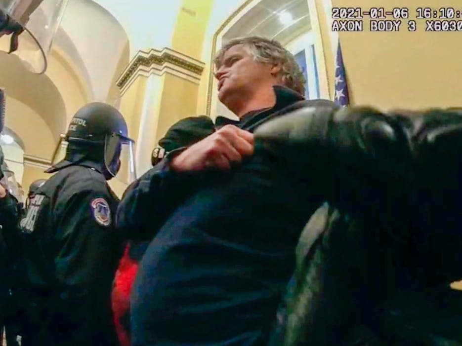 This image from U.S. Capitol Police body-worn video that was in government sentencing memorandum in the case, shows Mark Leffingwell inside the U.S. Capitol near the Senate Wing Doors on Jan. 6, 2021, in Washington.