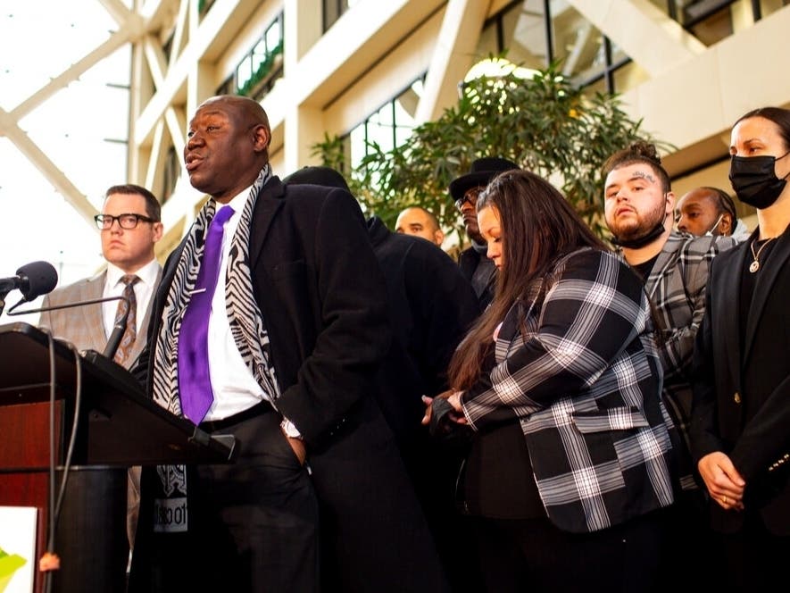 Attorney Ben Crump, along with the family of Daunte Wright, speaks with the media after former Brooklyn Center Police Officer Kim Potter was sentenced to two years in prison.
