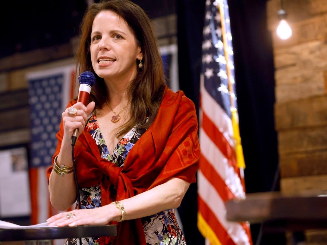Dr. Simone Gold speaks to a large crowd inside The Elephant in the Room in Jenks, Okla., during a Frontline Doctors Uncensored Truth Tour event on June 30, 2021.