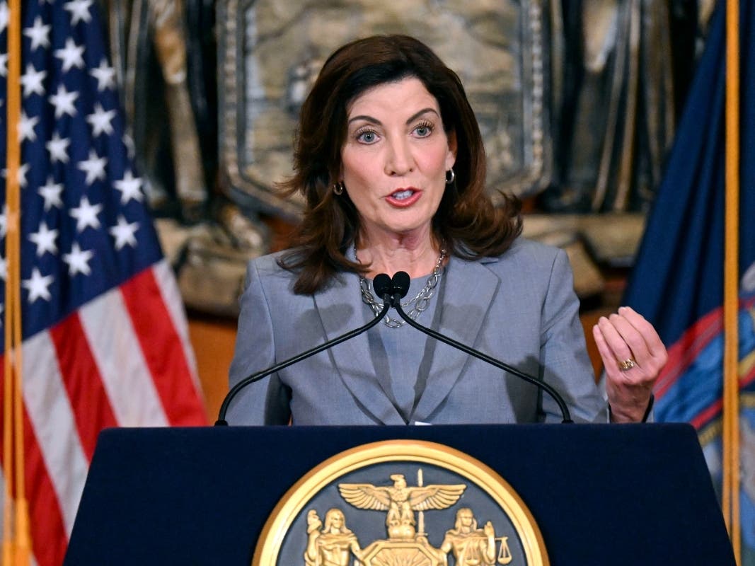 FILE - New York Gov. Kathy Hochul speaks to reporters about legislation passed during a special legislative session, in the Red Room at the state Capitol, July 1, 2022, in Albany, N.Y.