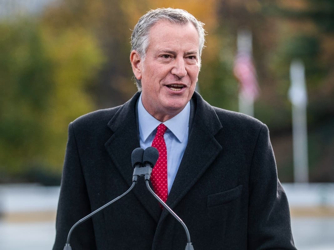 Then-New York City Mayor Bill de Blasio speaks at the opening of New York's Wollman Rink in Central Park on Sunday, Nov. 14, 2021. 