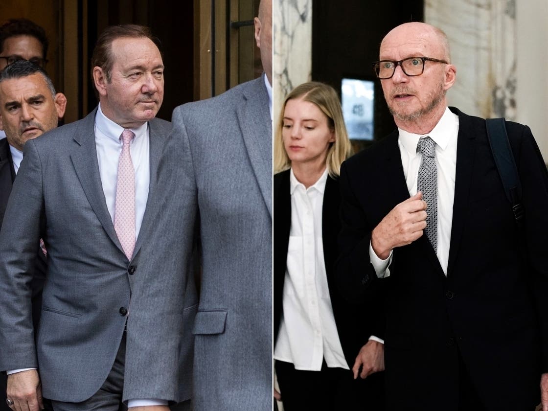 Actor Kevin Spacey leaves court in New York on Oct 17, 2022, after testifying that he never made a sexual pass at actor Anthony Rapp. Director Paul Haggis exits the courtroom in New York on Oct. 19, 2022, for a lunch break in his civil trial. 