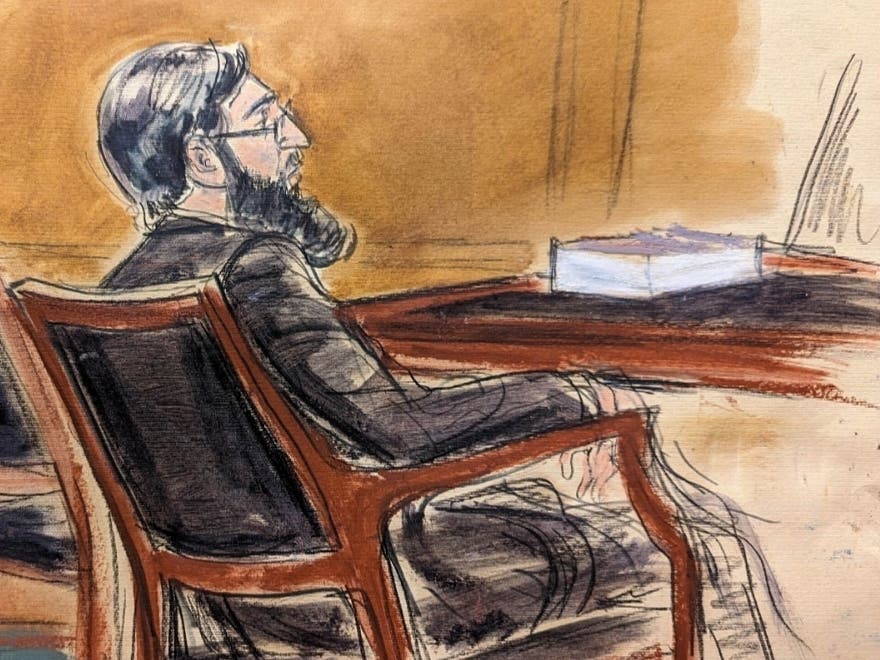 In this courtroom sketch, in federal court in New York Thursday, Sayfullo Saipov sits in court during jury deliberations.