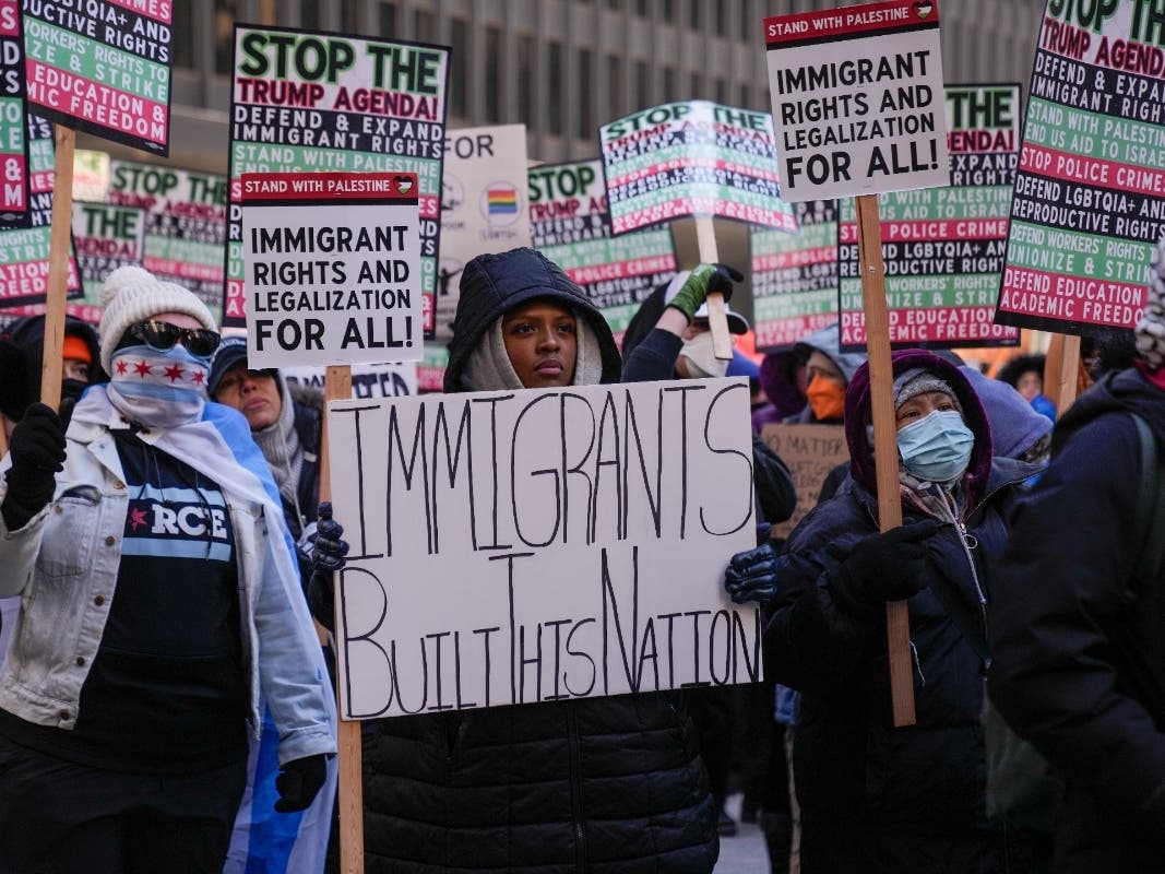 Sonia Rosa Sifore and other anti-Trump protesters gather Moonday in Chicago'sFederal Plaza to rally for a number of issues, including immigrant rights, the Israel-Hamas war, women's reproductive rights, racial equality and others.