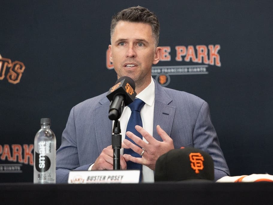 San Francisco Giants President of Baseball Operations Buster Posey answeres questions during an Oct. 30, 2025, news conference in San Francisco introducing Tony Vitello as the new manager of the ball club..
