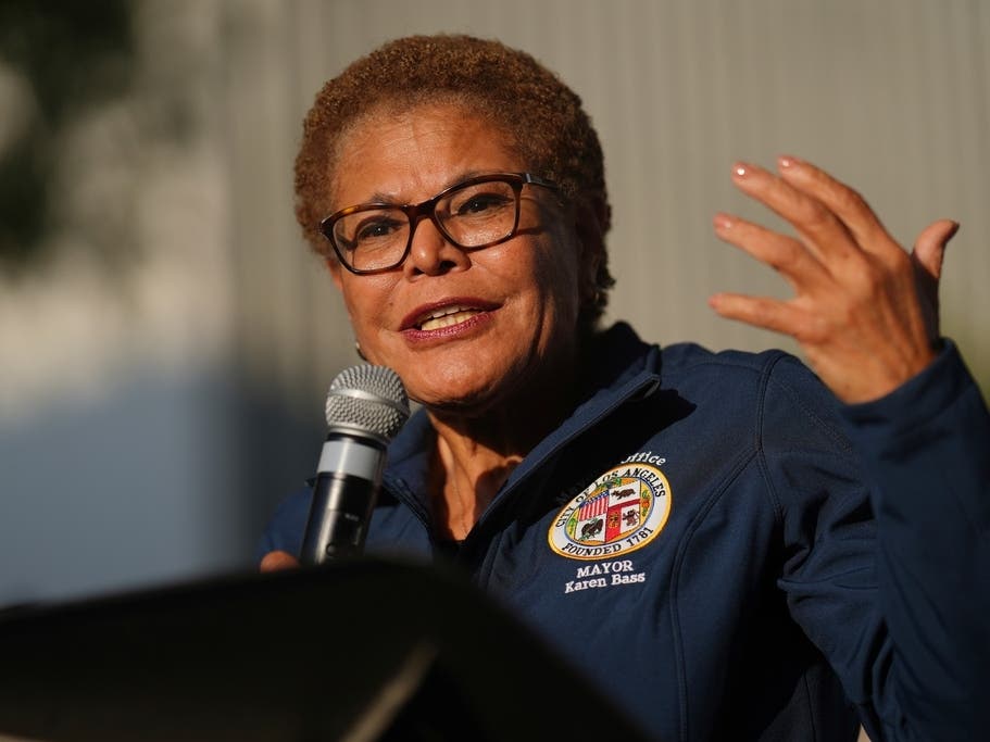  Mayor Karen Bass speaks at a vigil, June 10, 2025, in Los Angeles. 