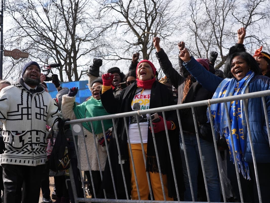 People wait to enter the security check point for the public visitation for Reverend Jesse Jackson at Rainbow/PUSH Coalition in Chicago, Thursday, Feb. 26, 2026.