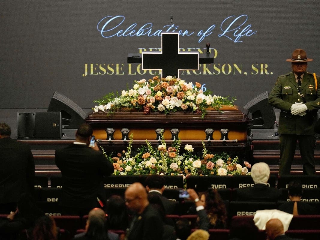 The casket with the Rev. Jesse Jackson arrives for the Public Homegoing Service at the House of Hope in Chicago, Friday, March 6.