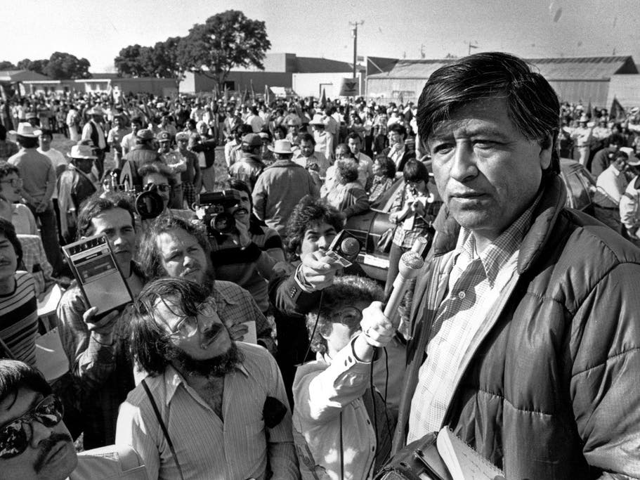 United Farm Workers President Cesar Chavez talks to striking Salinas Valley farmworkers during a large rally in Salinas, Calif., on March 7, 1979. 