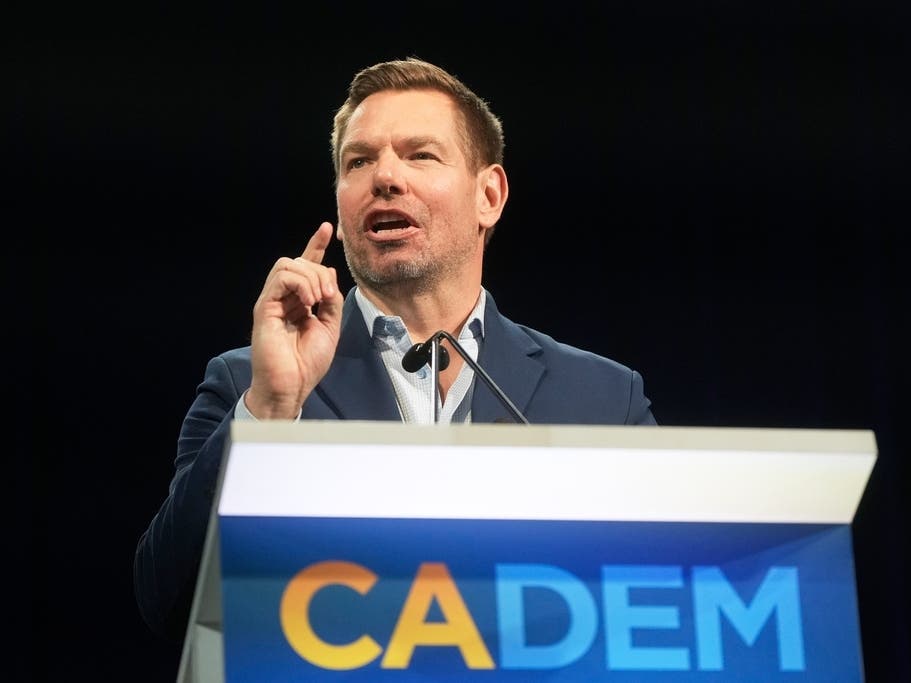 California gubernatorial candidate Eric Swalwell speaks at the 2026 California Democratic Party State Convention in San Francisco, Saturday, Feb. 21, 2026. 