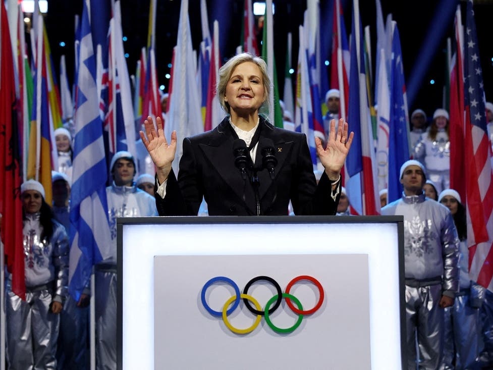  IOC President Kirsty Coventry speaks during the Olympic opening ceremony at the 2026 Winter Olympics, in Milan, Italy, Friday, Feb. 6, 2026. 