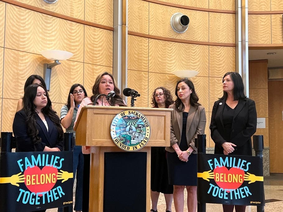 Maria de Jesús Estrada Juárez, a Sacramento resident who was deported to Mexico by President Donald Trump's administration before returning home, speaks at a news conference, in Sacramento, Calif., Tuesday, March 31, 2026. 