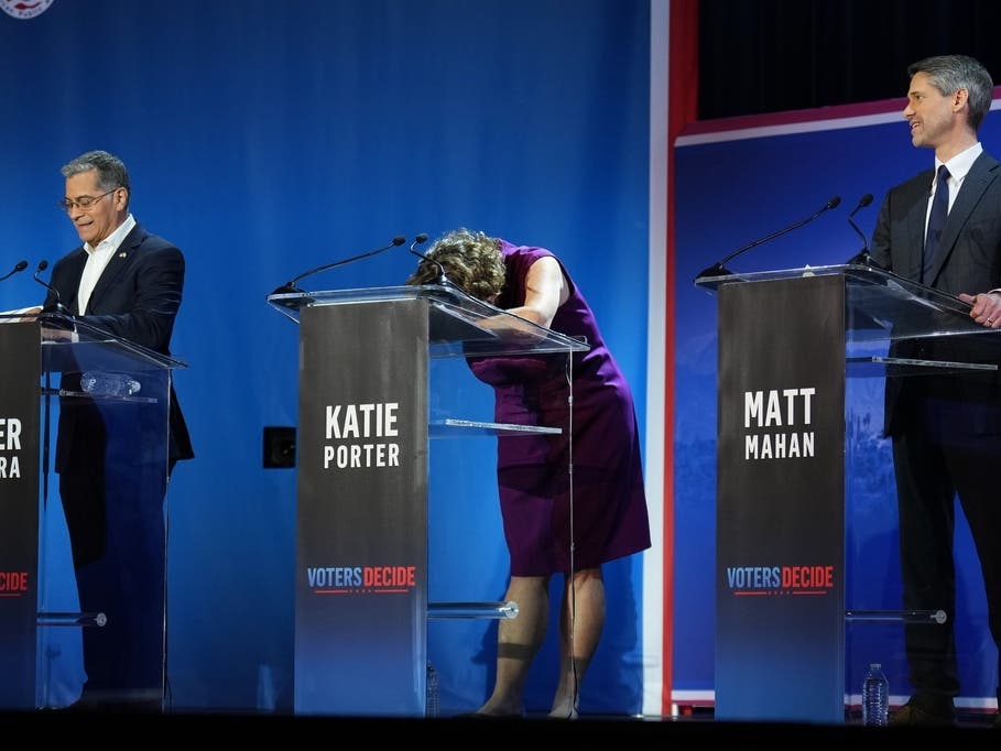 Katie Porter, center, reacts during a California gubernatorial debate hosted by CBS LA at Pomona College in Claremont, Calif., Tuesday, April 28, 2026. 