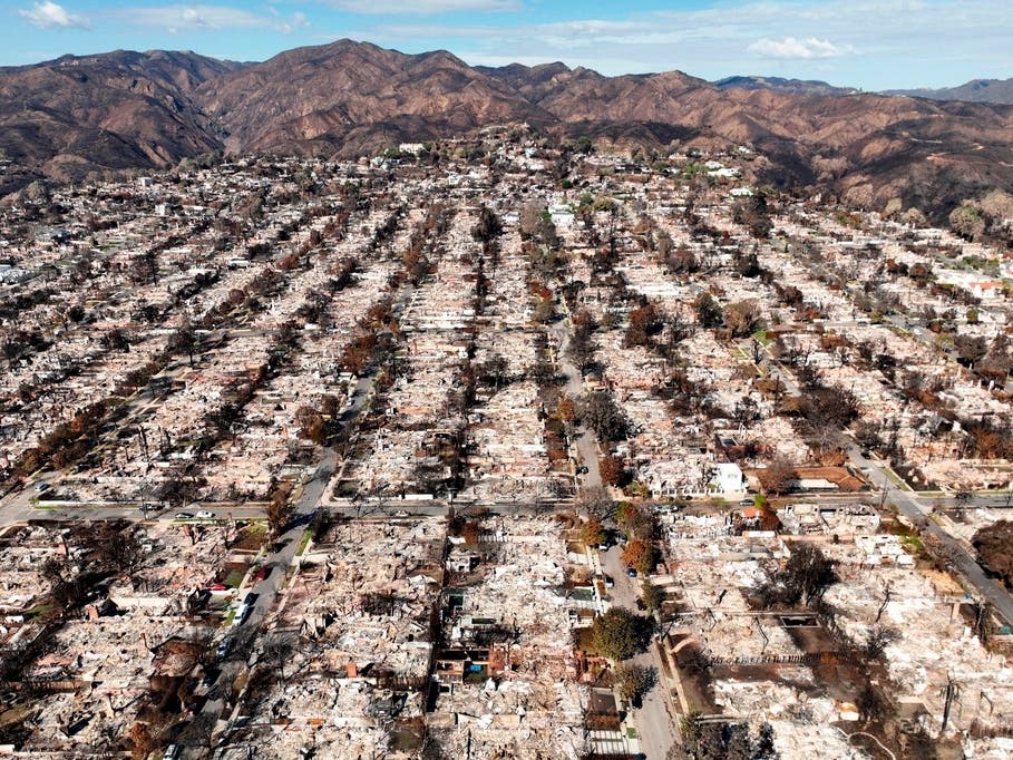 The devastation from the Palisades Fire is shown in an aerial view of the Pacific Palisades neighborhood of Los Angeles, Monday, Jan. 27, 2025. 