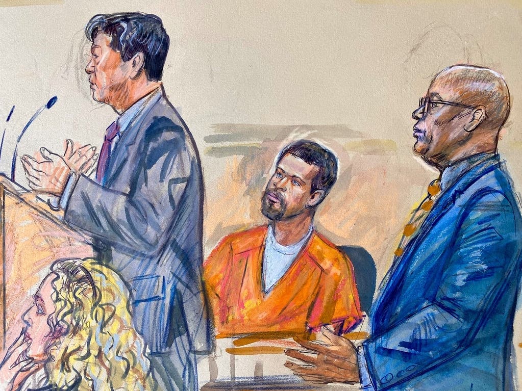 This courtroom sketch depicts Cole Tomas Allen listening as his attorney Eugene Ohm, speaks to U.S. Magistrate Judge Zia Faruqui, Monday as Tony Towns, the acting general counsel for the District of Columbia Department of Corrections, listens.