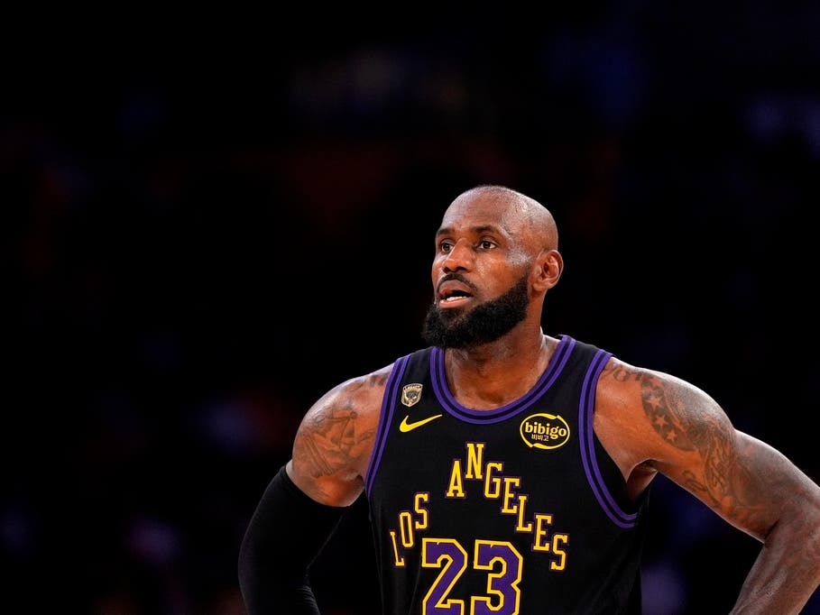 Los Angeles Lakers forward LeBron James stands on the court in the closing minutes of Game 4 in a second-round NBA basketball playoffs series against the Oklahoma City Thunder, Monday, May 11, 2026, in Los Angeles. 