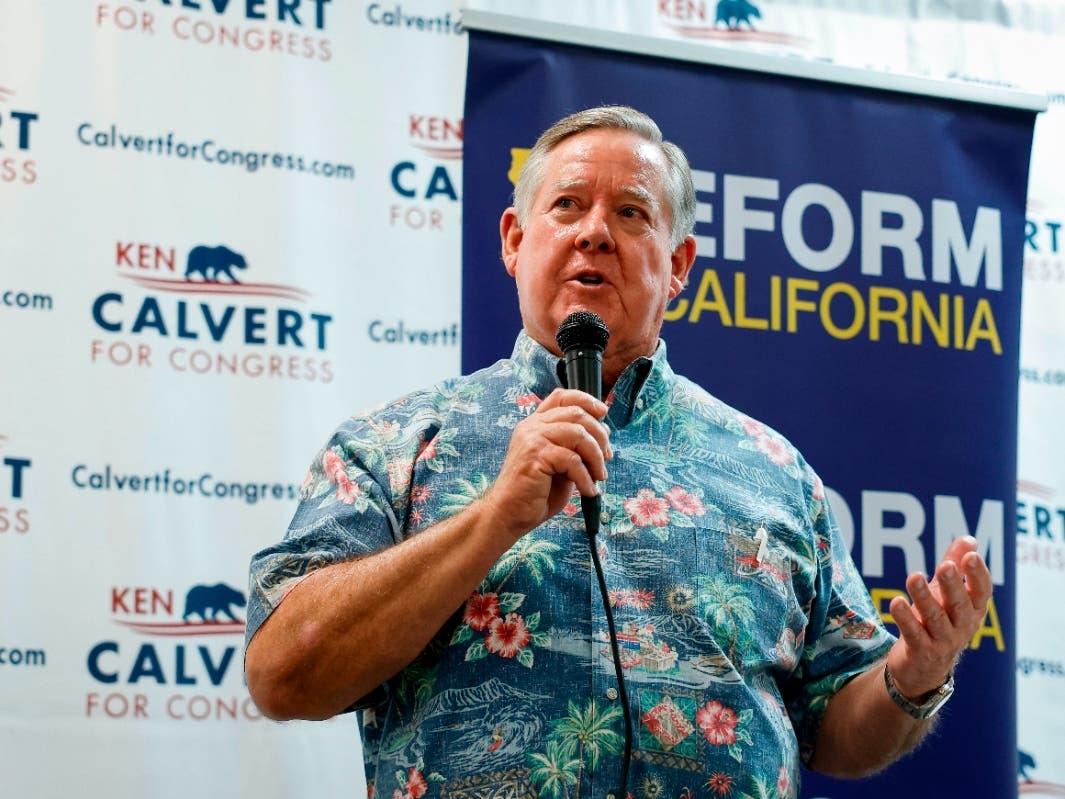 Rep. Ken Calvert, R-Calif., speaks at a "Barbeque, Beer and Ballots" event organized by Reform California on Saturday, May 9, 2026, in Corona, Calif. 