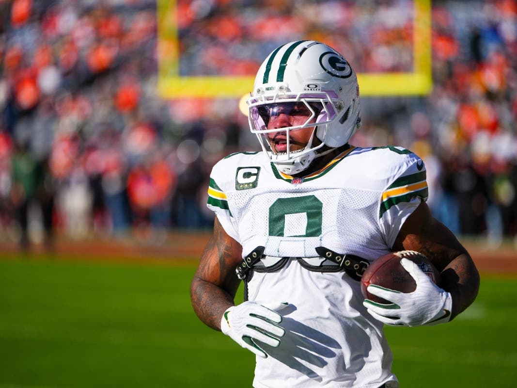 Green Bay Packers running back Josh Jacobs warms up before an NFL football game against the Denver Broncos, Dec. 14, 2025, in Denver.