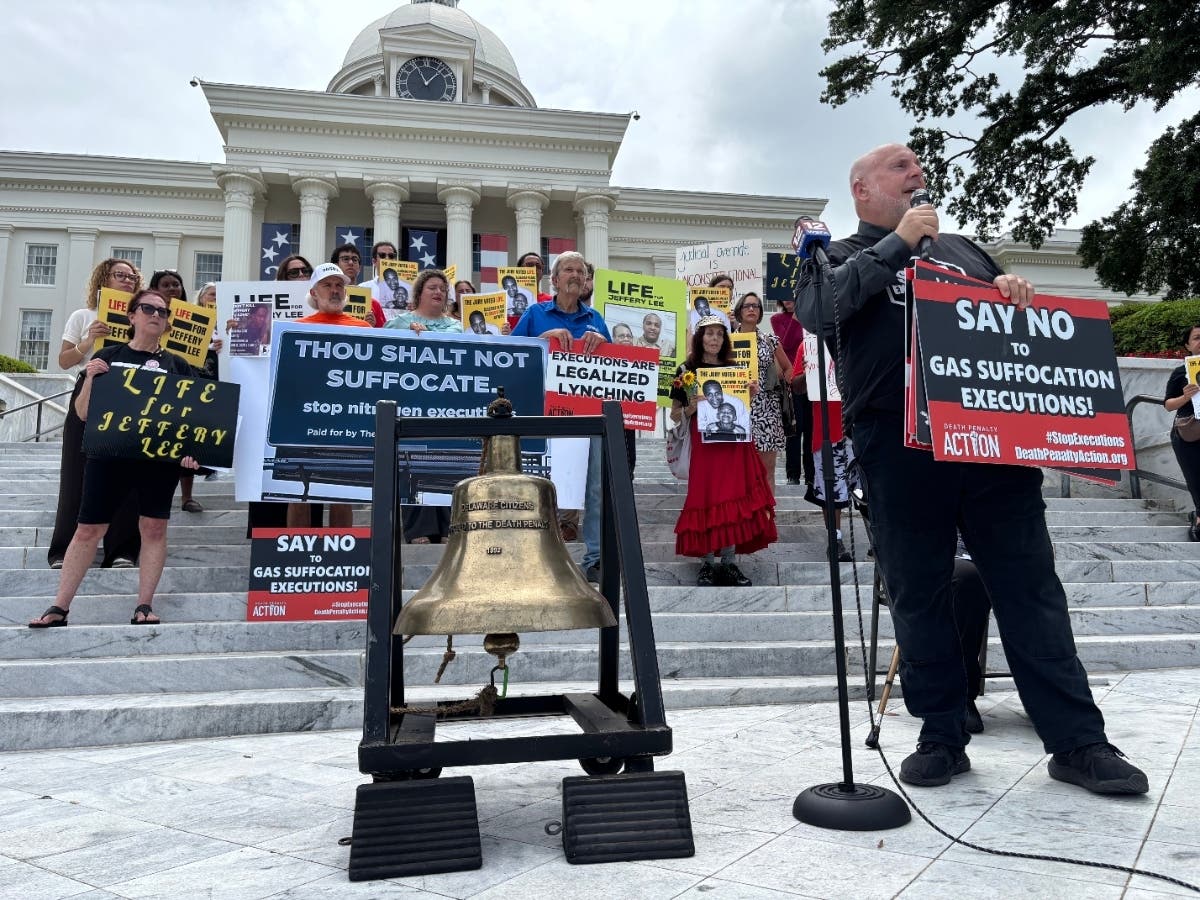 Abraham Bonowitz, of the group Death Penalty Action, leads a demonstration outside the Capitol in Montgomery, Ala., on Monday, June 8, 2026, to oppose an upcoming execution in Alabama