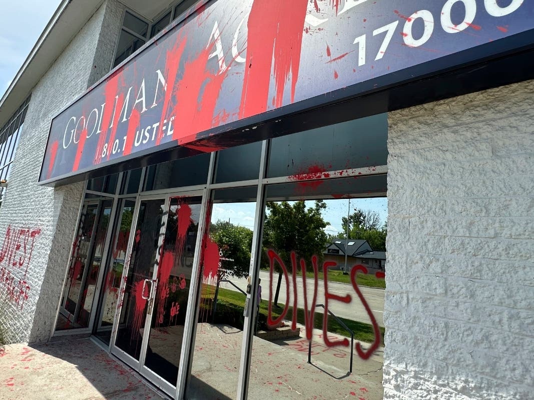 Pro-Palestinian graffiti mars the outside of the Goodman Acker law offices, June 3, 2024, in Southfield, Mich., just north of Detroit.