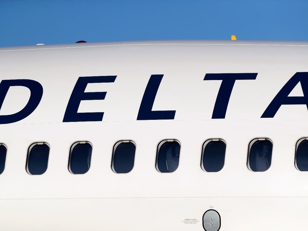 The company logo graces the side of a Delta Air Lines jetliner.