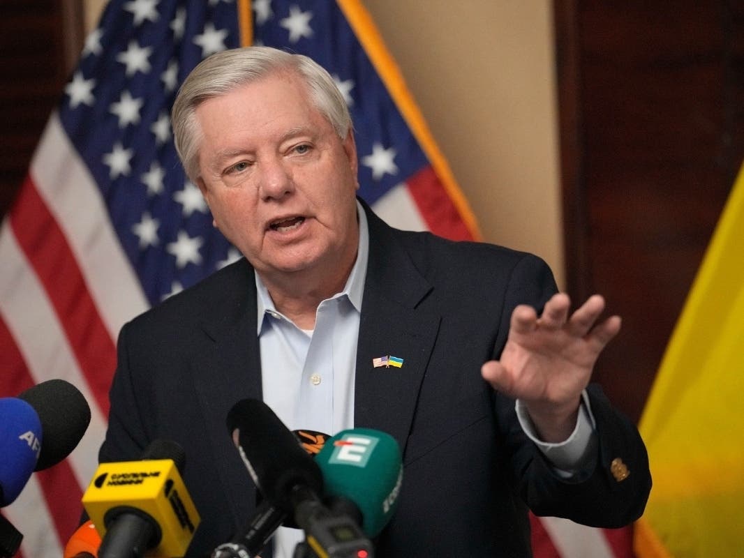 U.S. Sen. Lindsey Graham, R-S.C., gestures as he speaks to the media in Kyiv, Ukraine, March 18, 2024.
