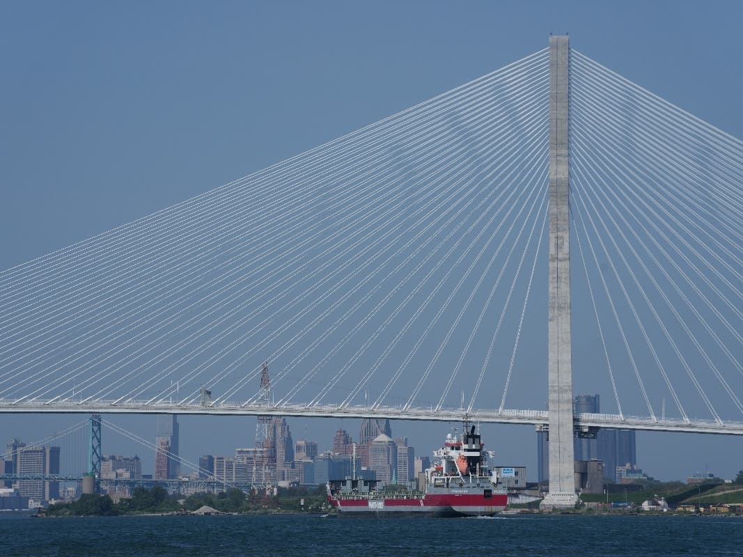 The Gordie Howe International Bridge is seen from River Rouge, Mich., connecting Detroit with Windsor, Ontario, Tuesday, July 14.