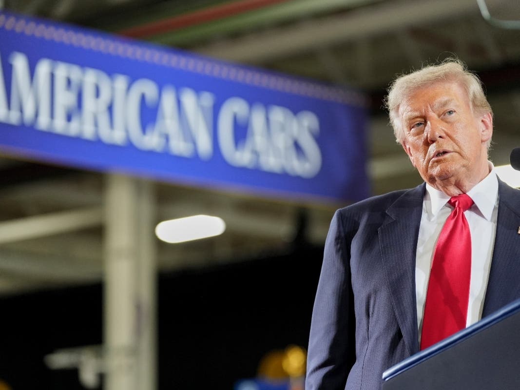 President Donald Trump pauses during a speech at General Motors proving ground, Monday, July 27, 2026, in Milford, Mich. 