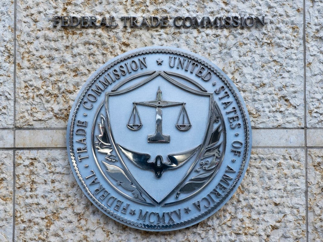The official seal of the Federal Trade Commission is seen on an office building in Washington, Feb. 13, 2026. 