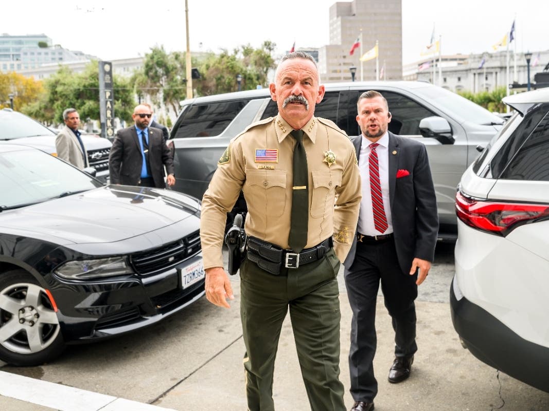 Riverside County Sheriff Chad Bianco arrives at the Supreme Court of California for a hearing about his seizure and recount of more than half a million 2025 election ballots on Monday, Aug. 24, 2026, in San Francisco. 