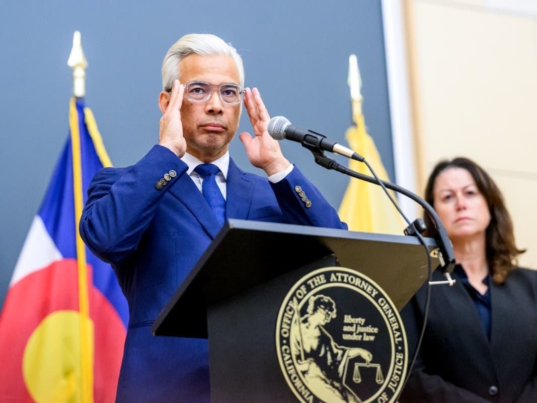 California Attorney General Rob Bonta discusses a lawsuit against Meta during a press conference on Tuesday, Aug. 18, 2026, in Oakland, Calif. At right is New Jersey Attorney General Jennifer Davenport.