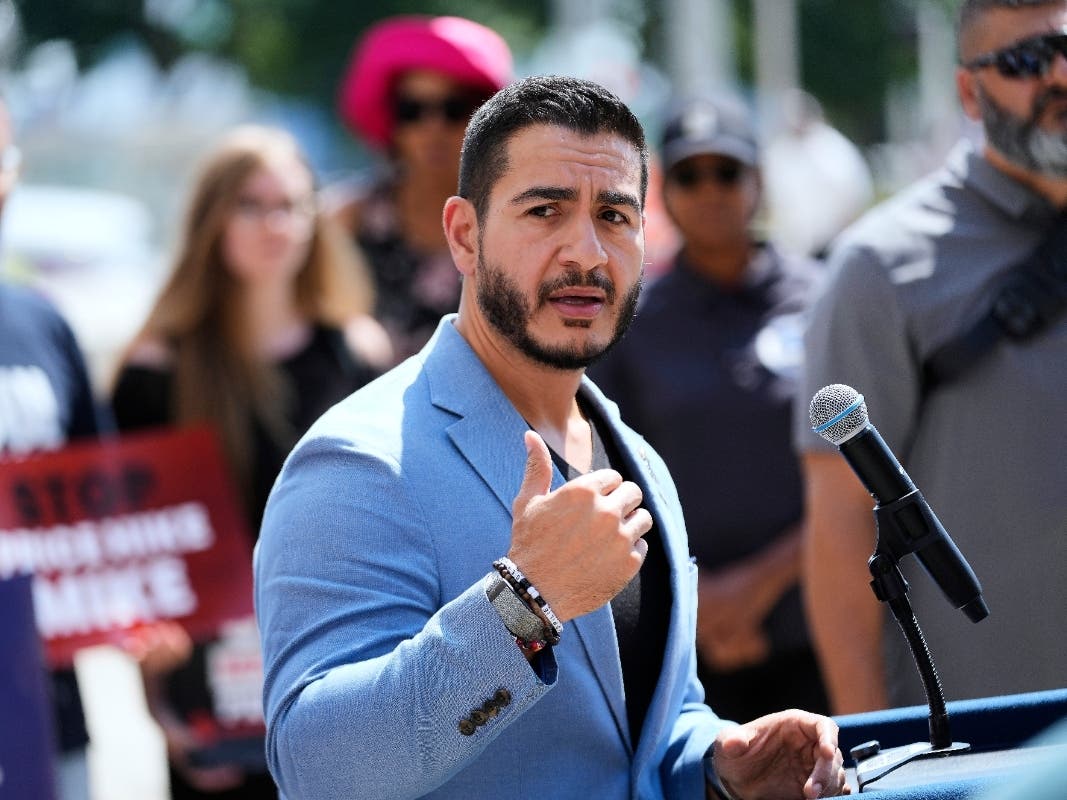 Democratic nominee for U.S. Senate Abdul El-Sayed speaks at a news conference at the base of the Spirit of Detroit monument in Detroit on Aug. 19.