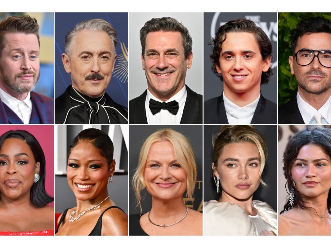 This combination of images shows, top row from left, Macaulay Culkin, Alan Cumming, Jon Hamm, Marcello Hernández, and Dan Levy, bottom row from left, Niecy Nash-Betts, Keke Palmer, Amy Poehler, Florence Pugh, and Zendaya.
