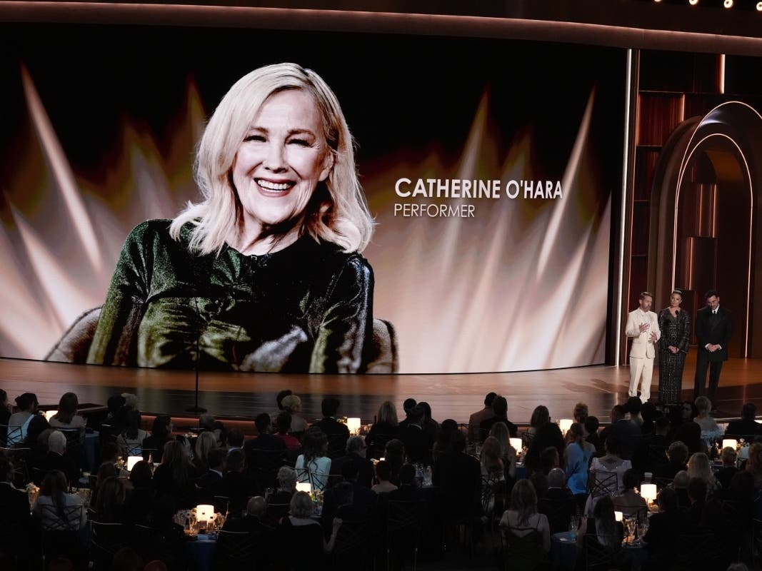 Macaulay Culkin, from left, Annie Murphy, and Dan Levy pay tribute to Catherine O'Hara during the 78th Emmy Awards on Monday, Sept. 14, 2026, at the Peacock Theater in Los Angeles.