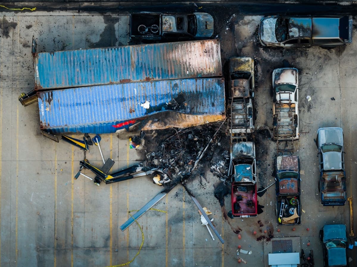 An aerial view of the aftermath of a news helicopter that crashed in Chatsworth, a neighborhood in Los Angeles, Wednesday, Sept. 16, 2026.