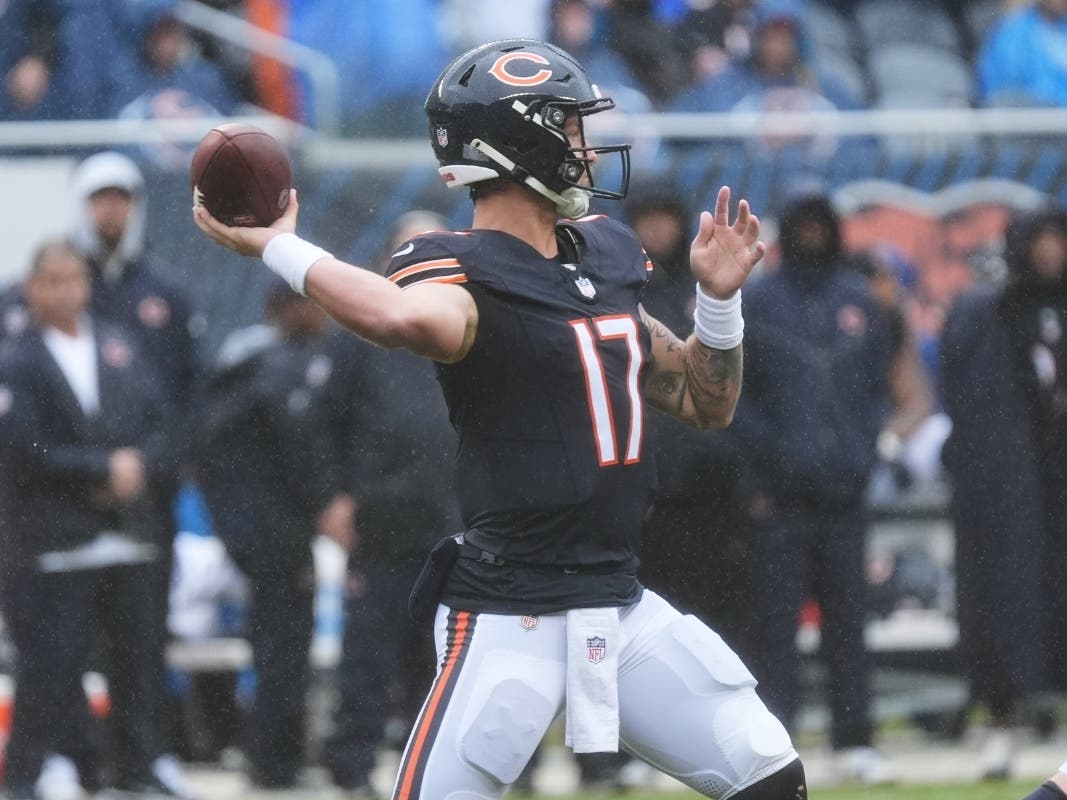 Chicago Bears quarterback Tyson Bagent (17) stands back to pass during the second half of an NFL football game in Chicago against the Minnesota Vikings, Sunday, Sept. 20.